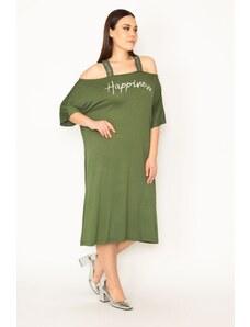 Şans Women's Plus Size Khaki Shimmer Detailed Front Printed Viscose Dress