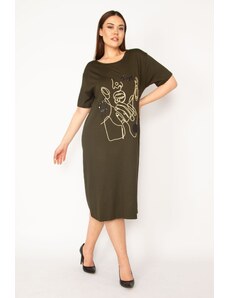 Şans Women's Plus Size Khaki Dress With Embroidery And Sequin Detail