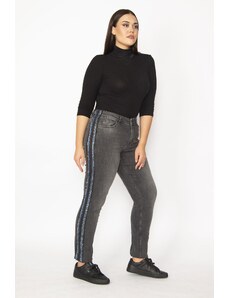 Şans Women's Plus Size Anthracite Glitter Striped 5-Pocket Lycra Jeans