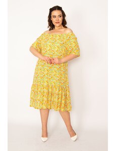 Şans Women's Plus Size Yellow Collar Elasticated Hem with Smocked Woven Viscose Fabric Dress