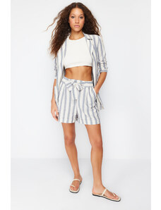 Trendyol Navy Blue Linen Content Belted Striped Woven Shorts