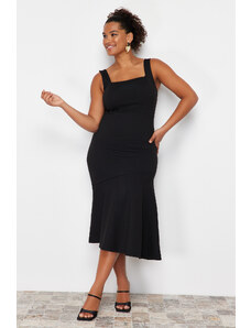 Trendyol Curve Black Flounce Detailed Midi Knitted Dress