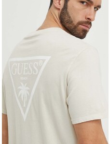 Bombažna kratka majica Guess bež barva