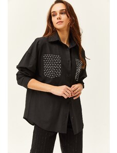 Olalook Women's Black Oversize Shirt with Staple Pocket Detail