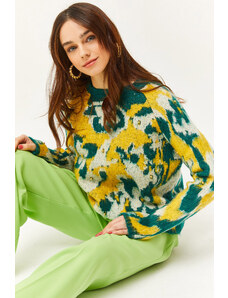 Olalook Women's Yellow-Green Patterned Soft Textured Knitwear Sweater