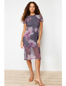 Trendyol Gray Floral Printed Midi Crew Neck Short Sleeve Flexible Knitted Midi Dress