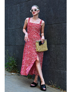 Madmext Red Patterned Slit Long Dress