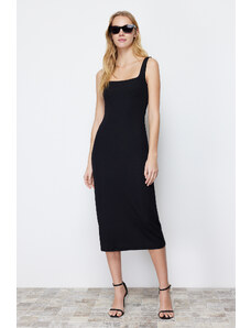 Trendyol Black Strap Square Neck Fitted Maxi Elastic Knitted Dress