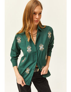 Olalook Women's Emerald Green Sequin Detailed Woven Boyfriend Shirt