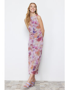 Trendyol Lilac Gather/Drape Detailed Abstract Patterned Fitted Maxi Flexible Knitted Pencil Dress