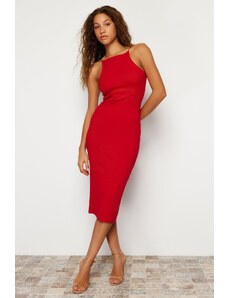 Trendyol Red Fitted Halter Neck Ribbed Stretchy Knitted Midi Pencil Dress