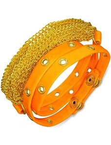 Nakit Eshop - Zapestnica iz umetnega usnja - zlate verižice, pašček neonsko oranžne barve z neti AB1.08