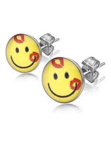 Nakit Eshop - Jekleni uhani, prozorna glazura, rumen nasmejan čustveni simbol z rdečima poljuboma SP47.21