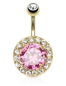 Nakit Eshop - Jeklen piercing za popek, zlate barve, okrogel rožnat cirkon, prozoren rob S51.19
