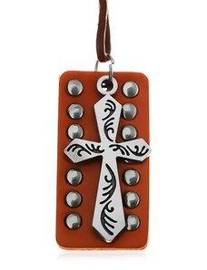 Nakit Eshop - Usnjena ogrlica - jeklen križ s črnimi zarezami, usnjen pašček z neti Y34.18