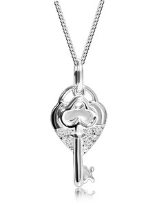 Nakit Eshop - Ogrlica iz srebra 925, verižica, srčasta ključavnica in ključ, prozorni okrasni kamenčki AC24.21
