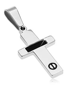 Nakit Eshop - Jeklen obesek srebrne barve - križ s črnim pasom in vijakom AA34.19
