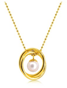 Nakit Eshop - Jeklena ogrlica v zlati barvi – verižica iz kroglic, prepletena obročka, kroglica biserne barve S41.26