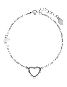 Nakit Eshop - Jeklena zapestnica s kroglico biserne barve, obris srca v srebrni barvi X38.13