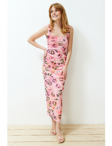 Trendyol Pink Special Textured Body-Fitting Gather Detailed Square Neck Stretchy Knitted Maxi Pencil Dress