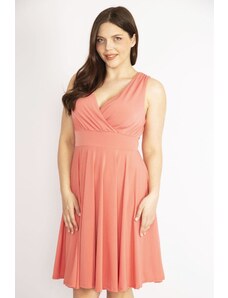 Şans Women's Pomegranate Plus Size Wrap Collar Back Waist Elastic Detailed Dress