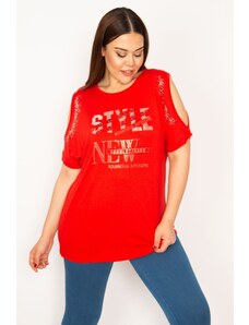 Şans Women's Plus Size Red Back and Stone Detailed Off-the-Shoulder Decollete Blouse