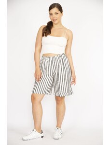 Şans Women's Smoky Plus Size Striped Linen Woven Fabric Elastic Waist Pocket Shorts