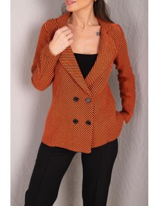 armonika Women's Orange Striped Patterned Four Button Cachet Jacket