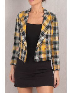 armonika Women's Yellow Double Breasted Collar Tweed Crop Jacket