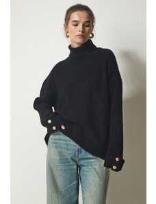 Happiness İstanbul Sreča İstanbul Ženski črni gumb Podroben pulover za pletenine Turtleneck prevelike velikosti