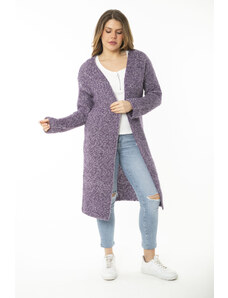Şans Women's Large Size Purple Slit Thick Knitwear Long Cardigan