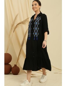 By Saygı Oversize Viscose Long Dress with Front Buttoned Charm Embroidered Sleeve Fold
