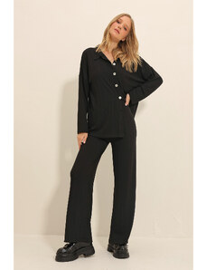 Trend Alaçatı Stili Women's Black Button-Front Knitwear Cardigan and Palazzo Trousers Double Suit
