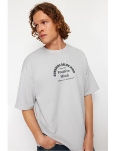 Trendyol Gray Oversize/Wide Cut Text Printed Thick T-Shirt