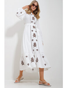 Trend Alaçatı Stili Women's White Slit Neck Belted Embroidered Inner Lined Maxi Length Dress