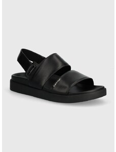 Usnjeni sandali Calvin Klein FLAT SANDAL CALVIN MTL LTH ženski, črna barva, HW0HW01984