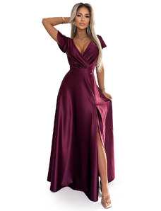 NUMOCO 411-10 CRYSTAL satin long dress with a neckline - Burgundy color