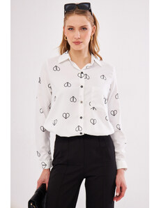 armonika Women's White Back Pleat Detail Single Pocket Patterned Long Sleeve Shirt