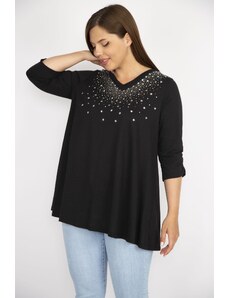 Şans Women's Black Plus Size Stone Embroidered V-Neck Sleeve Elastic Gathered Blouse