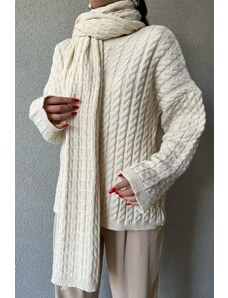 Laluvia Cream Hair Braided Shawl Knitwear Sweater