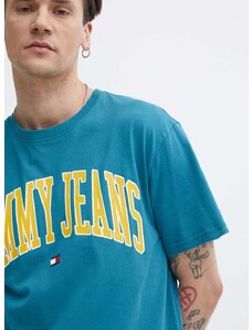 Bombažna kratka majica Tommy Jeans moška, turkizna barva, DM0DM18558
