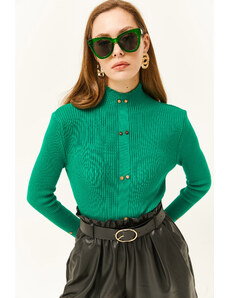 Olalook ženska trava zelena gumb z visokim vratom okrašen pulover za pletenine Lycra