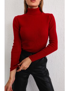 BİKELİFE Ženski rdeči lycra fleksibilen pulover za pletenine za vrat