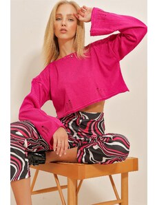 Trend Alaçatı Stili Women's Fuchsia Boat Neck Openwork Knitwear Sweater