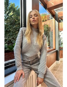 Trend alaçatı stili ženski sivi želvji vrat mehak teksturiran pulover za pletenine