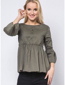 New collection Blouse with frills and lace-up khaki neckline