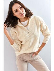 Bianco Lucci ženski pulover z zadrgo Turtleneck prevelik pulover za pletenine