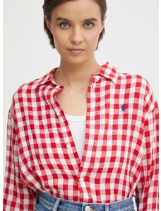 Lanena srajca Polo Ralph Lauren rdeča barva, 211935130