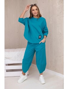 FASARDI Loose women's set of trousers and blue-green sweatshirt