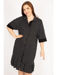 Şans Women's Black Plus Size Front Buttoned Hem Tiered Point Patterned Dress